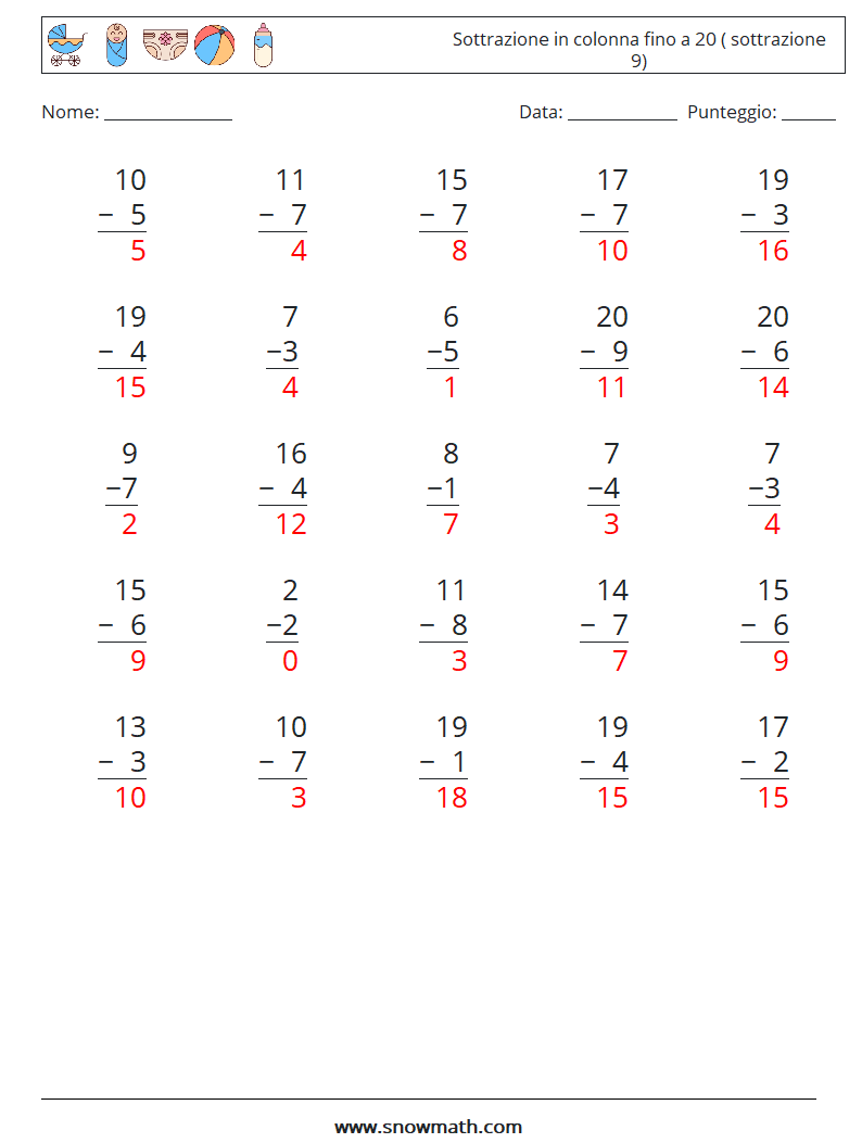 (25) Sottrazione in colonna fino a 20 ( sottrazione 9) Fogli di lavoro di matematica 4 Domanda, Risposta