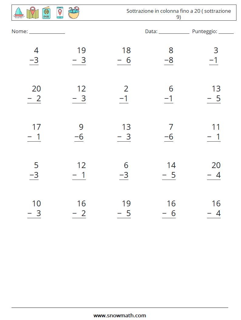 (25) Sottrazione in colonna fino a 20 ( sottrazione 9) Fogli di lavoro di matematica 5