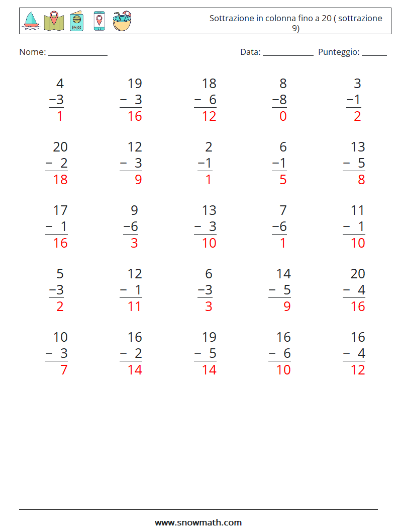 (25) Sottrazione in colonna fino a 20 ( sottrazione 9) Fogli di lavoro di matematica 5 Domanda, Risposta