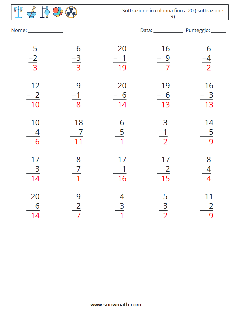 (25) Sottrazione in colonna fino a 20 ( sottrazione 9) Fogli di lavoro di matematica 6 Domanda, Risposta