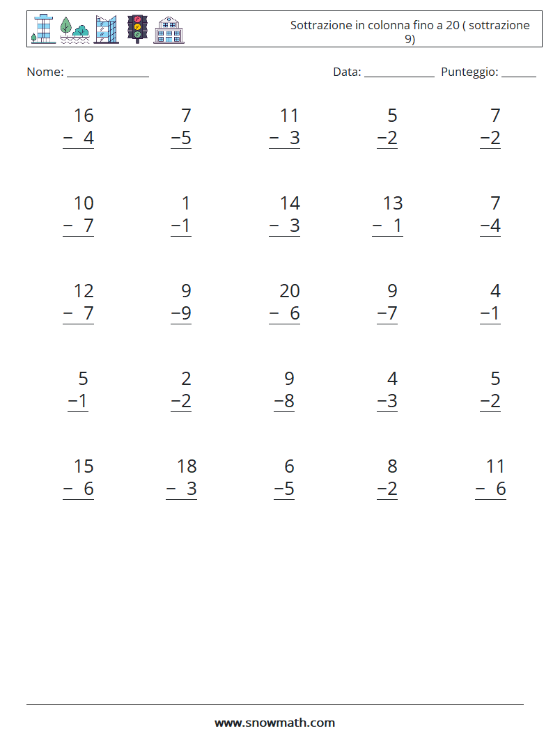 (25) Sottrazione in colonna fino a 20 ( sottrazione 9) Fogli di lavoro di matematica 7