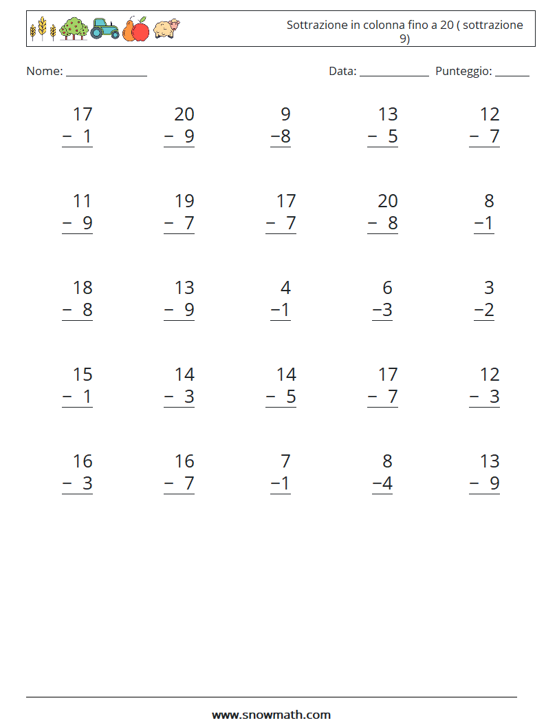 (25) Sottrazione in colonna fino a 20 ( sottrazione 9) Fogli di lavoro di matematica 8