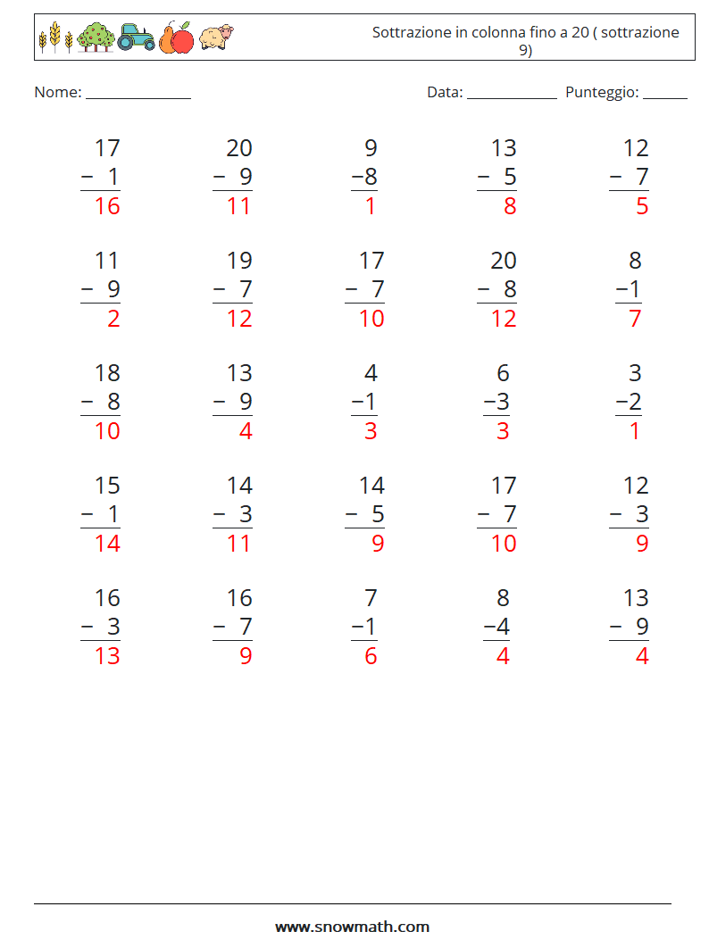 (25) Sottrazione in colonna fino a 20 ( sottrazione 9) Fogli di lavoro di matematica 8 Domanda, Risposta