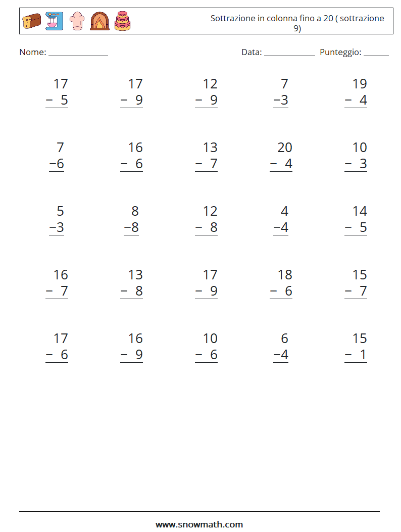 (25) Sottrazione in colonna fino a 20 ( sottrazione 9) Fogli di lavoro di matematica 9