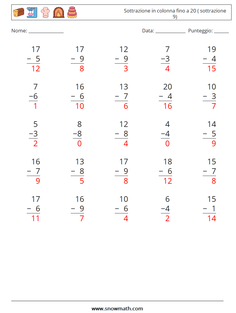 (25) Sottrazione in colonna fino a 20 ( sottrazione 9) Fogli di lavoro di matematica 9 Domanda, Risposta