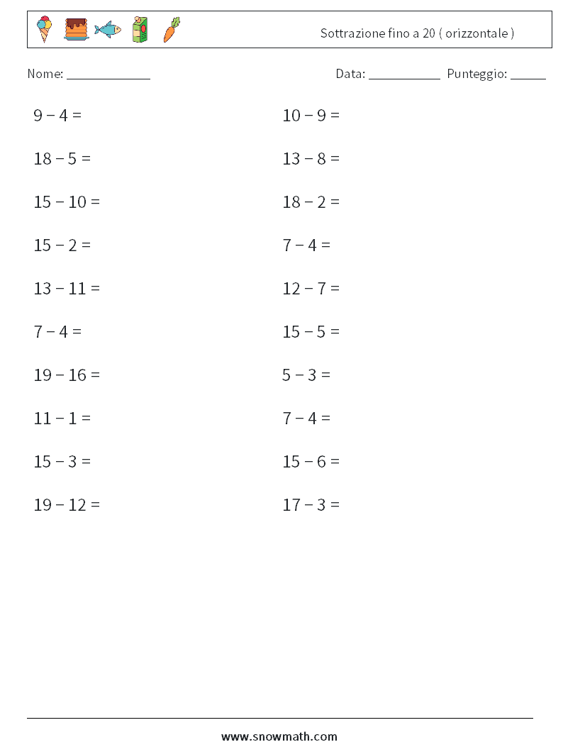 (20) Sottrazione fino a 20 ( orizzontale ) Fogli di lavoro di matematica 1