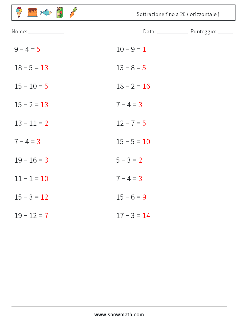 (20) Sottrazione fino a 20 ( orizzontale ) Fogli di lavoro di matematica 1 Domanda, Risposta