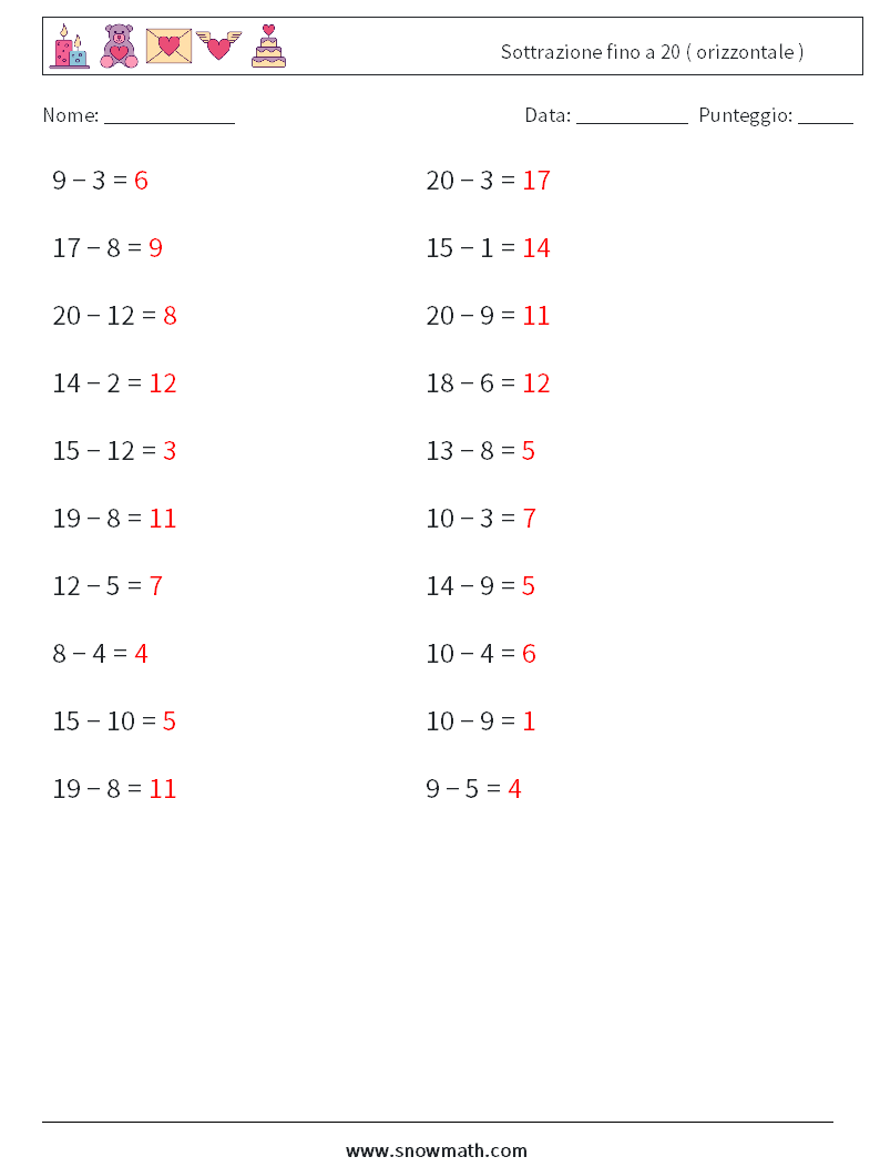 (20) Sottrazione fino a 20 ( orizzontale ) Fogli di lavoro di matematica 2 Domanda, Risposta