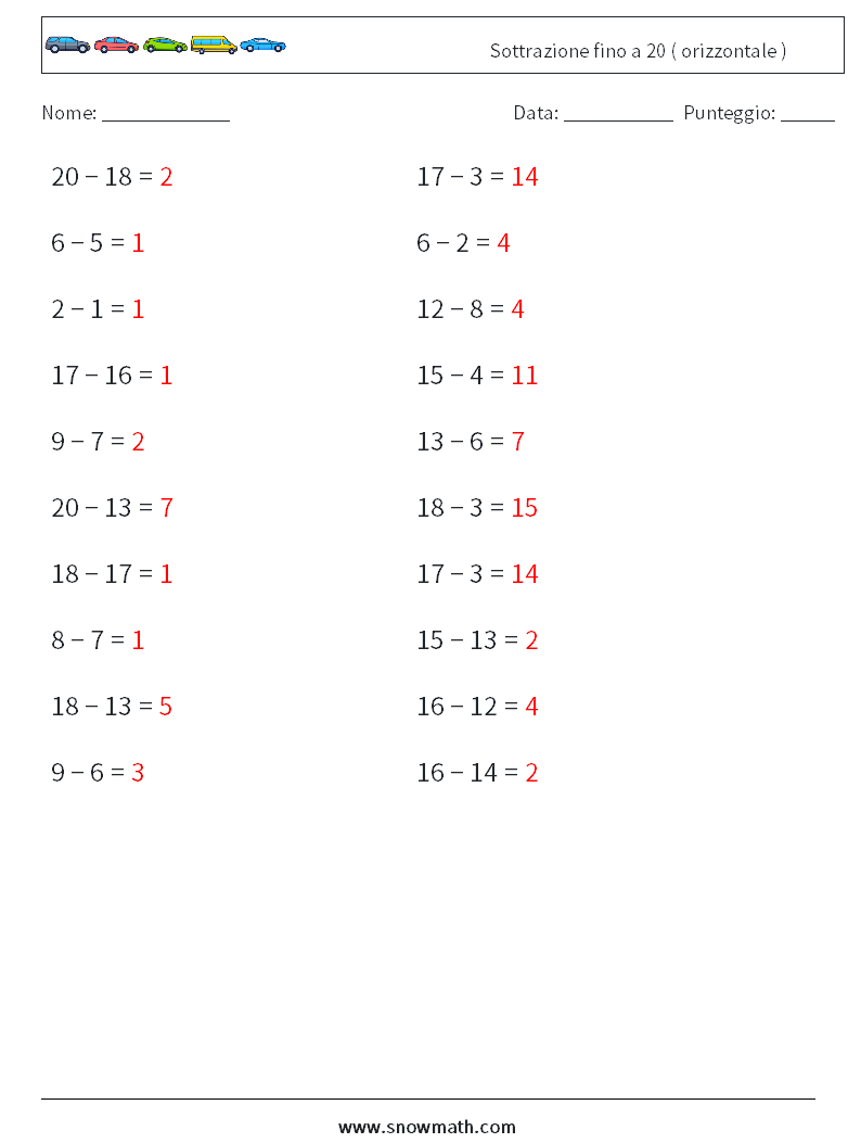 (20) Sottrazione fino a 20 ( orizzontale ) Fogli di lavoro di matematica 3 Domanda, Risposta