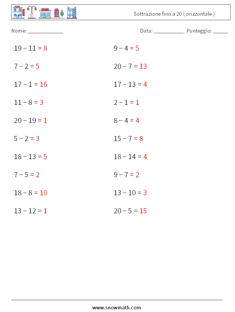 (20) Sottrazione fino a 20 ( orizzontale ) Fogli di lavoro di matematica 4 Domanda, Risposta
