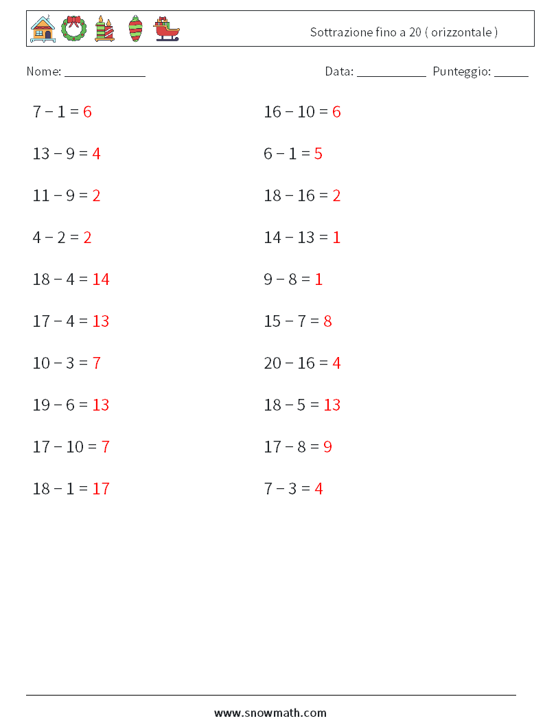 (20) Sottrazione fino a 20 ( orizzontale ) Fogli di lavoro di matematica 5 Domanda, Risposta