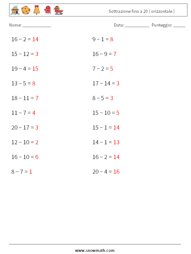 (20) Sottrazione fino a 20 ( orizzontale ) Fogli di lavoro di matematica 6 Domanda, Risposta