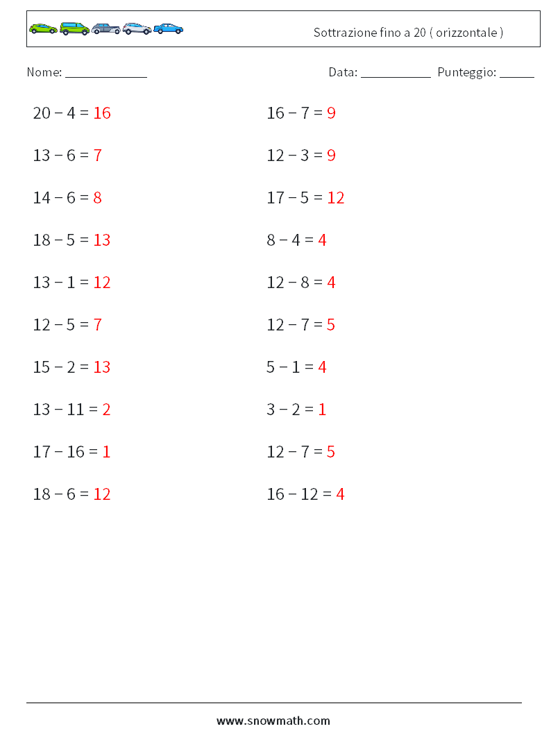 (20) Sottrazione fino a 20 ( orizzontale ) Fogli di lavoro di matematica 7 Domanda, Risposta