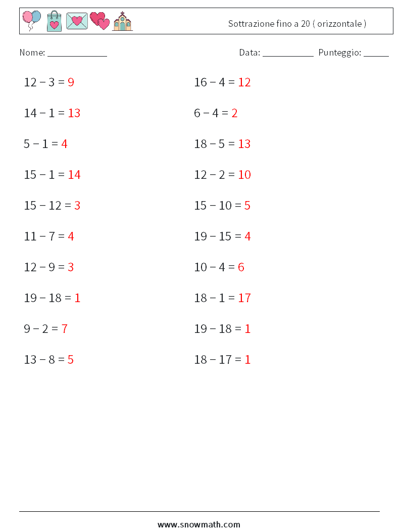 (20) Sottrazione fino a 20 ( orizzontale ) Fogli di lavoro di matematica 8 Domanda, Risposta