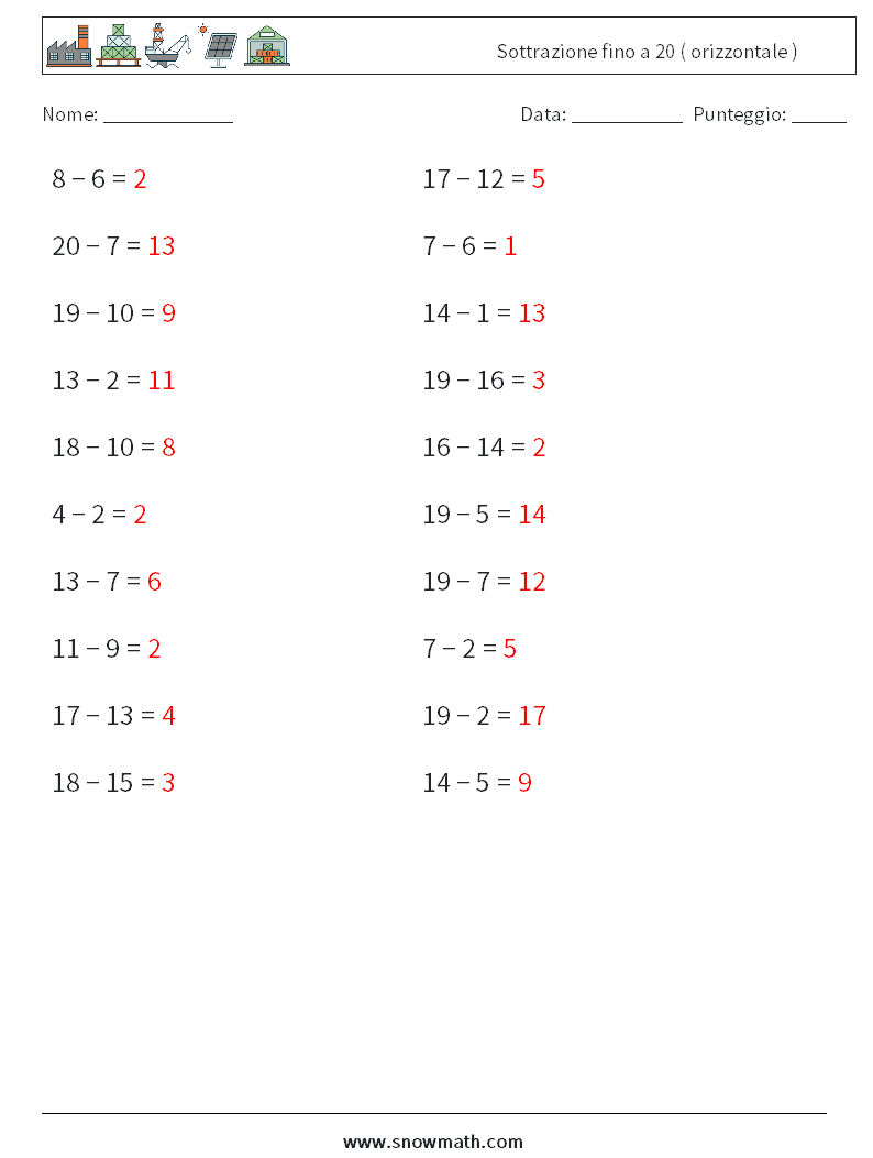 (20) Sottrazione fino a 20 ( orizzontale ) Fogli di lavoro di matematica 9 Domanda, Risposta