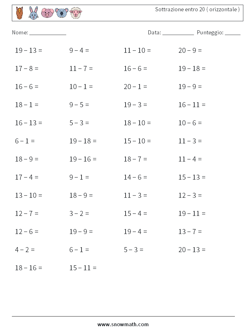 (50) Sottrazione entro 20 ( orizzontale ) Fogli di lavoro di matematica 1