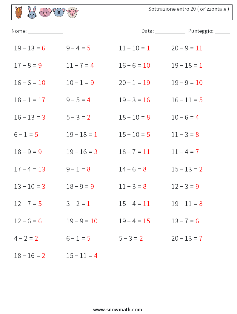 (50) Sottrazione entro 20 ( orizzontale ) Fogli di lavoro di matematica 1 Domanda, Risposta