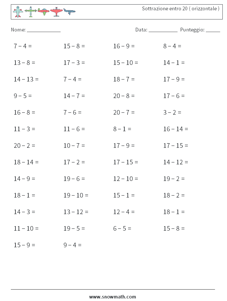 (50) Sottrazione entro 20 ( orizzontale ) Fogli di lavoro di matematica 2