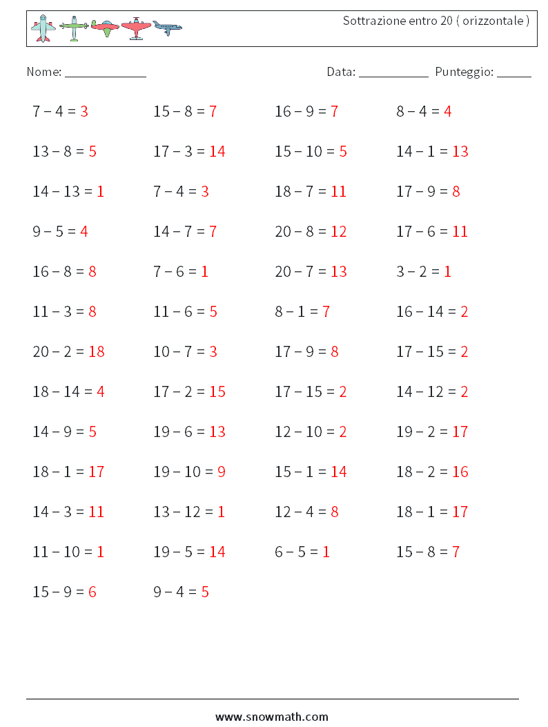 (50) Sottrazione entro 20 ( orizzontale ) Fogli di lavoro di matematica 2 Domanda, Risposta