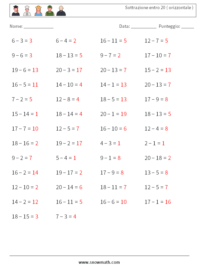 (50) Sottrazione entro 20 ( orizzontale ) Fogli di lavoro di matematica 4 Domanda, Risposta