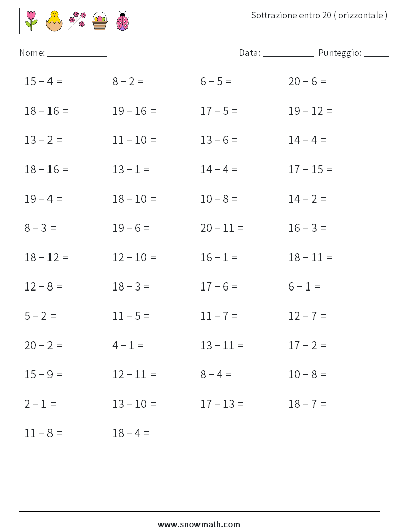 (50) Sottrazione entro 20 ( orizzontale ) Fogli di lavoro di matematica 5