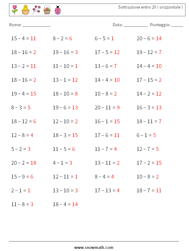 (50) Sottrazione entro 20 ( orizzontale ) Fogli di lavoro di matematica 5 Domanda, Risposta