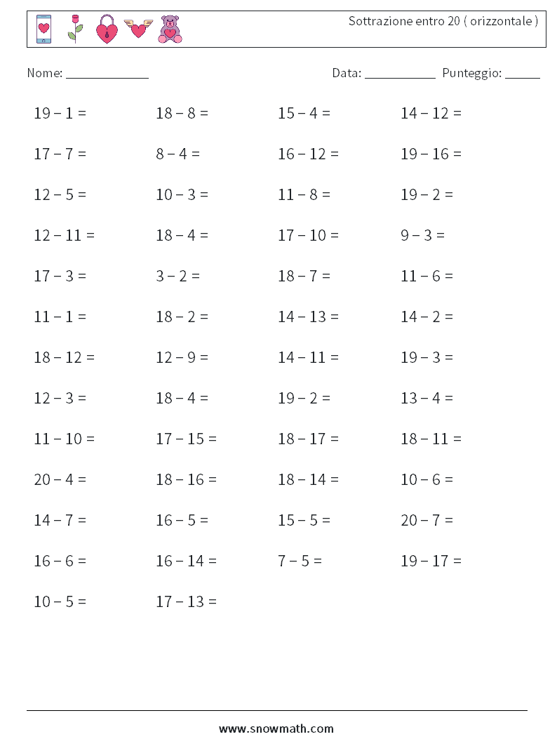 (50) Sottrazione entro 20 ( orizzontale ) Fogli di lavoro di matematica 6