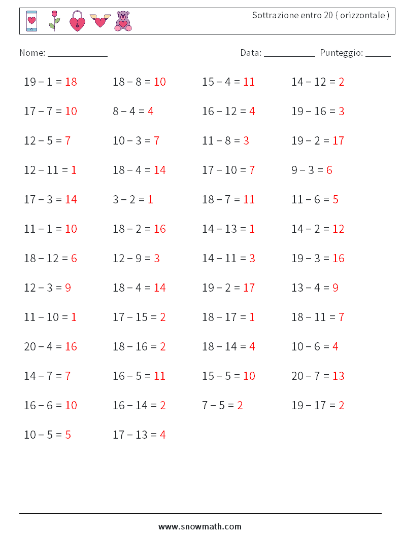 (50) Sottrazione entro 20 ( orizzontale ) Fogli di lavoro di matematica 6 Domanda, Risposta