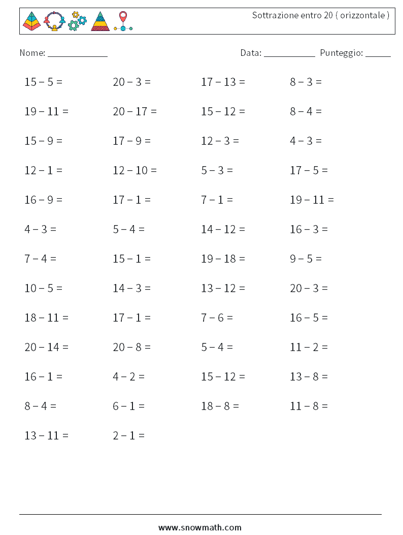 (50) Sottrazione entro 20 ( orizzontale ) Fogli di lavoro di matematica 7
