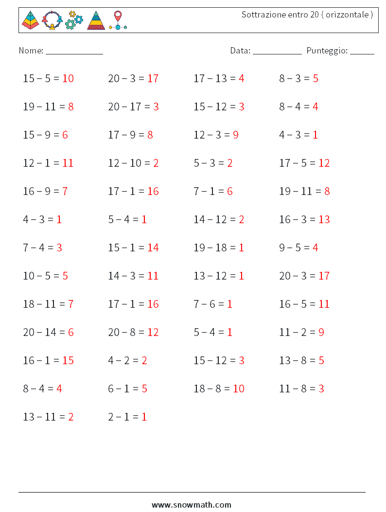 (50) Sottrazione entro 20 ( orizzontale ) Fogli di lavoro di matematica 7 Domanda, Risposta