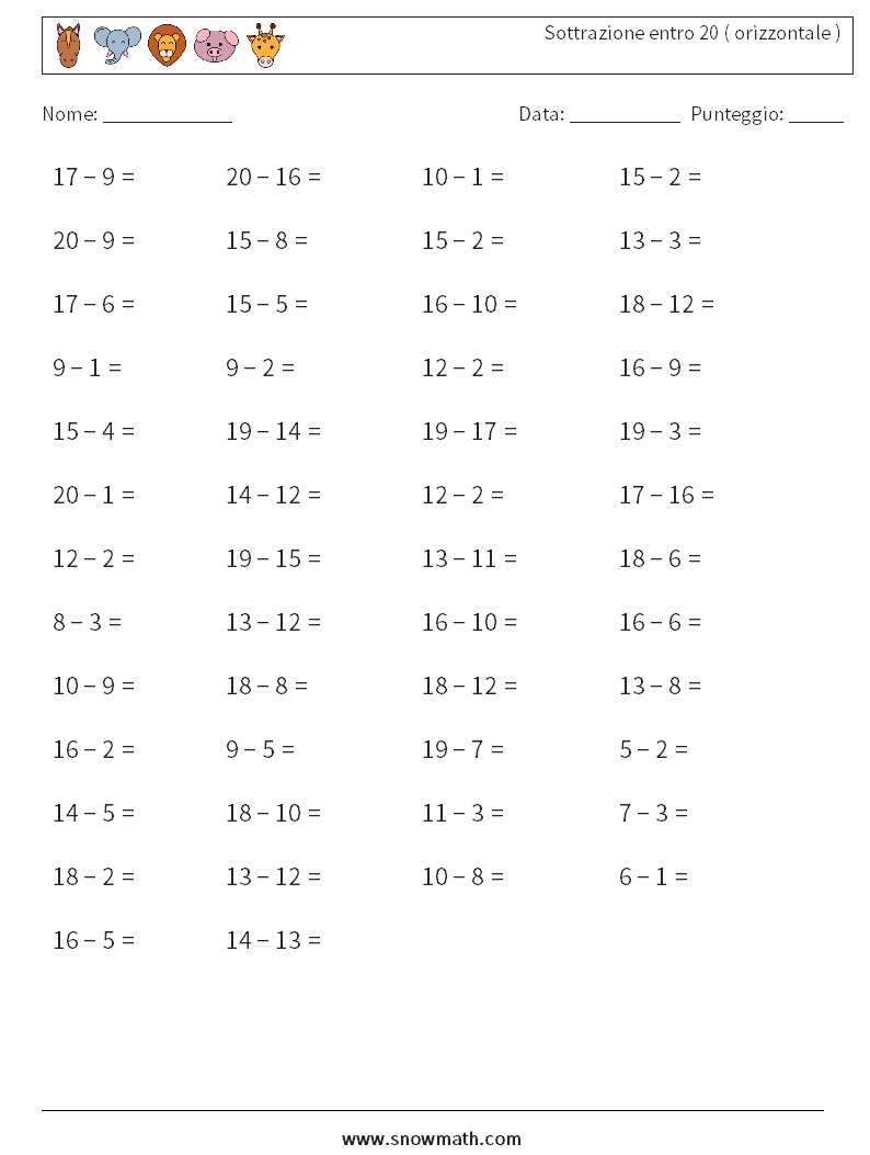 (50) Sottrazione entro 20 ( orizzontale ) Fogli di lavoro di matematica 8