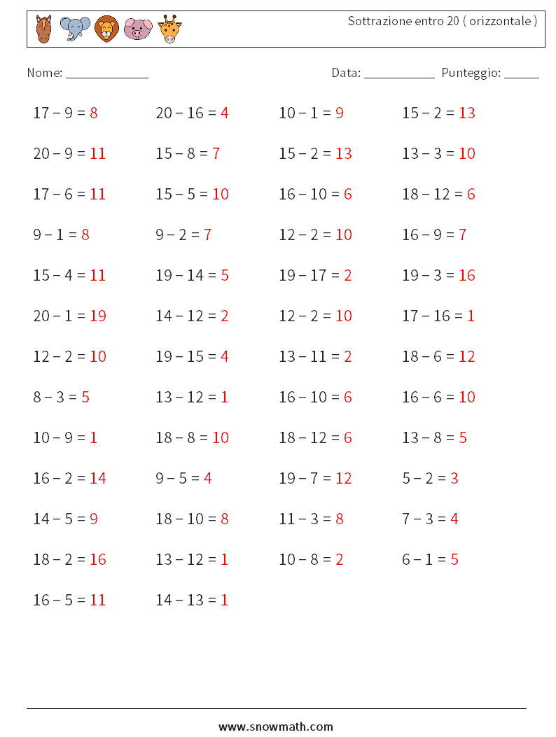 (50) Sottrazione entro 20 ( orizzontale ) Fogli di lavoro di matematica 8 Domanda, Risposta