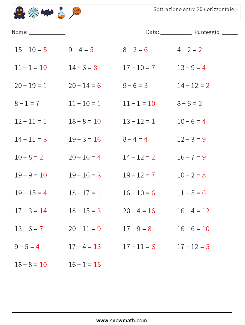 (50) Sottrazione entro 20 ( orizzontale ) Fogli di lavoro di matematica 9 Domanda, Risposta