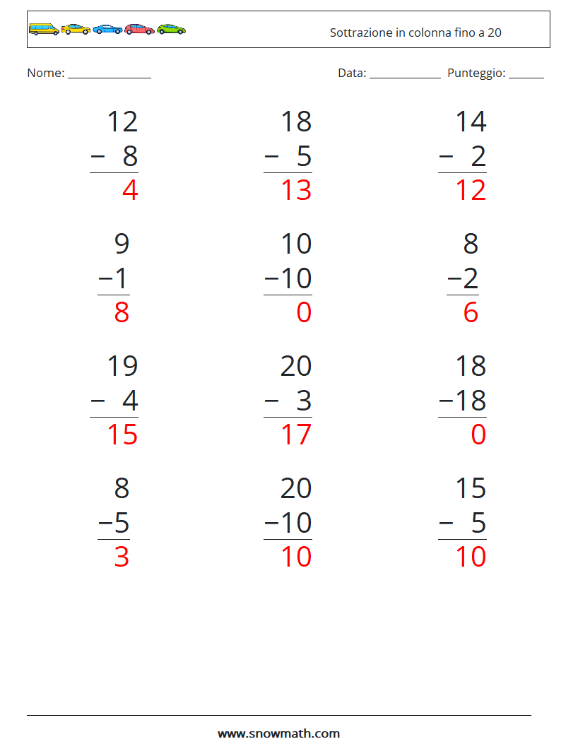 (12) Sottrazione in colonna fino a 20 Fogli di lavoro di matematica 10 Domanda, Risposta
