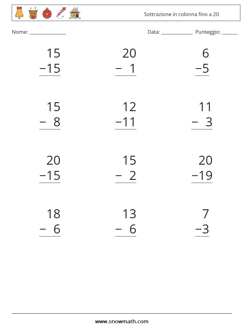 (12) Sottrazione in colonna fino a 20 Fogli di lavoro di matematica 11