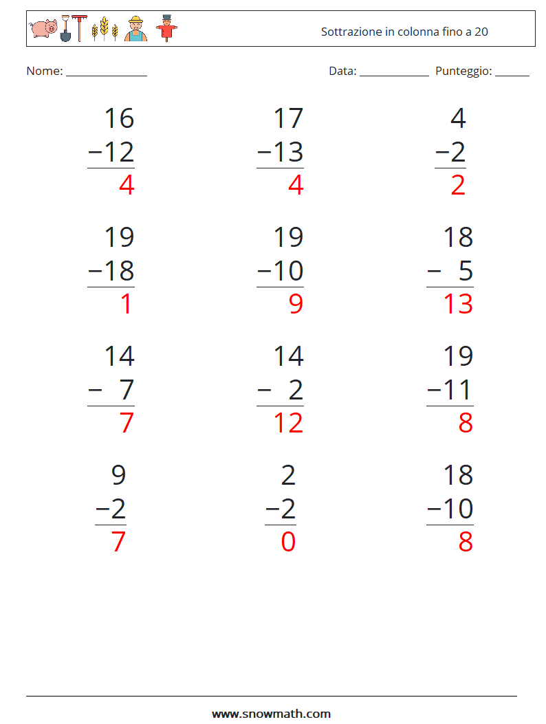 (12) Sottrazione in colonna fino a 20 Fogli di lavoro di matematica 12 Domanda, Risposta