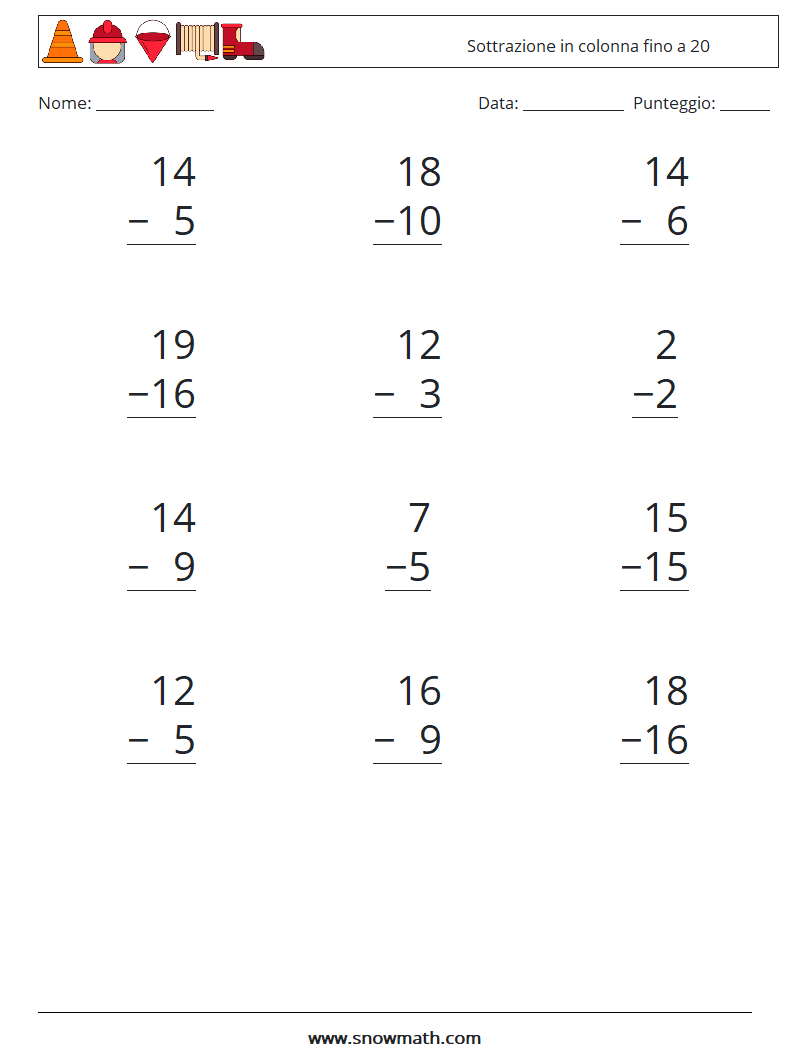 (12) Sottrazione in colonna fino a 20 Fogli di lavoro di matematica 13