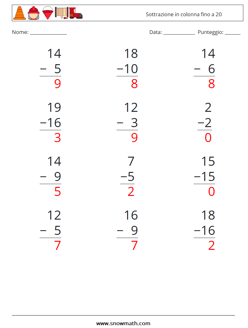(12) Sottrazione in colonna fino a 20 Fogli di lavoro di matematica 13 Domanda, Risposta