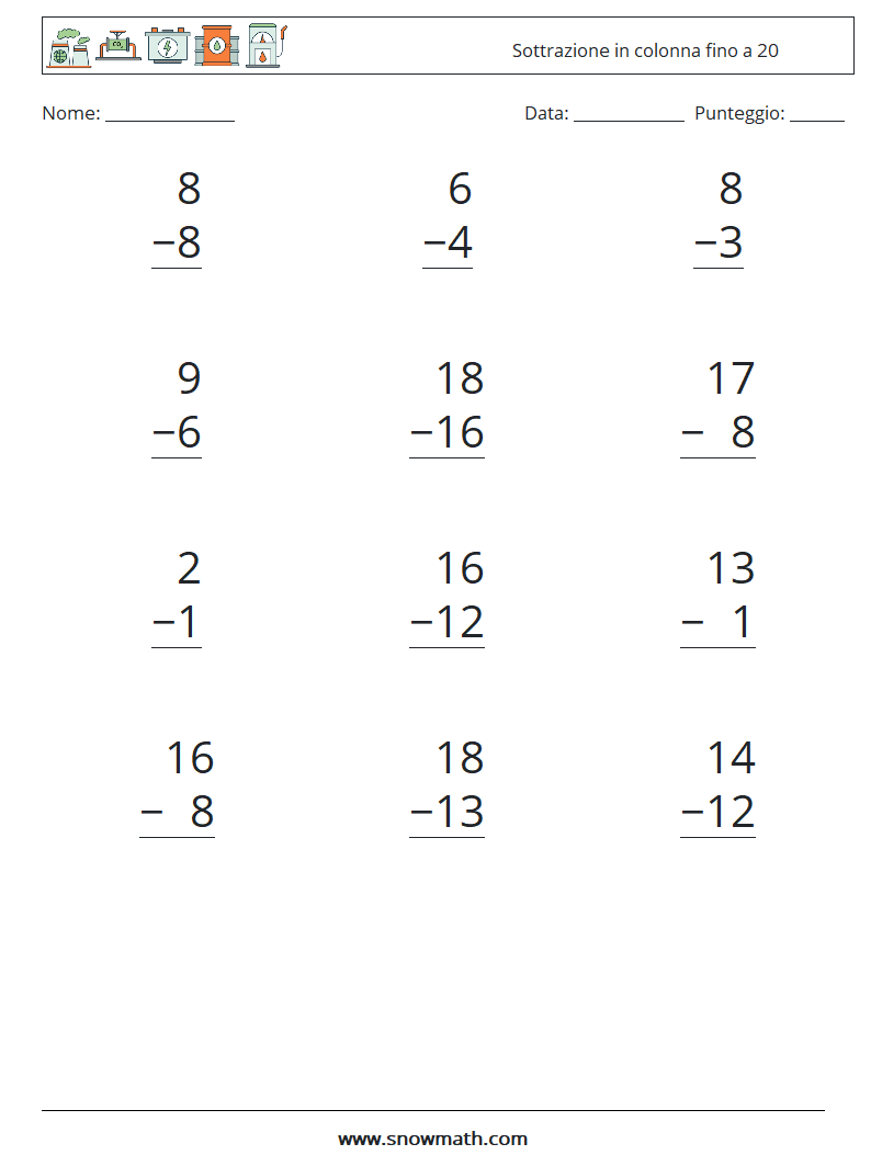 (12) Sottrazione in colonna fino a 20 Fogli di lavoro di matematica 15