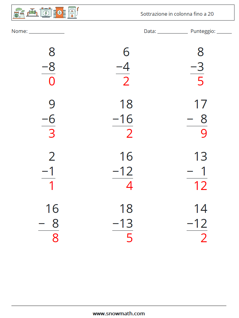 (12) Sottrazione in colonna fino a 20 Fogli di lavoro di matematica 15 Domanda, Risposta