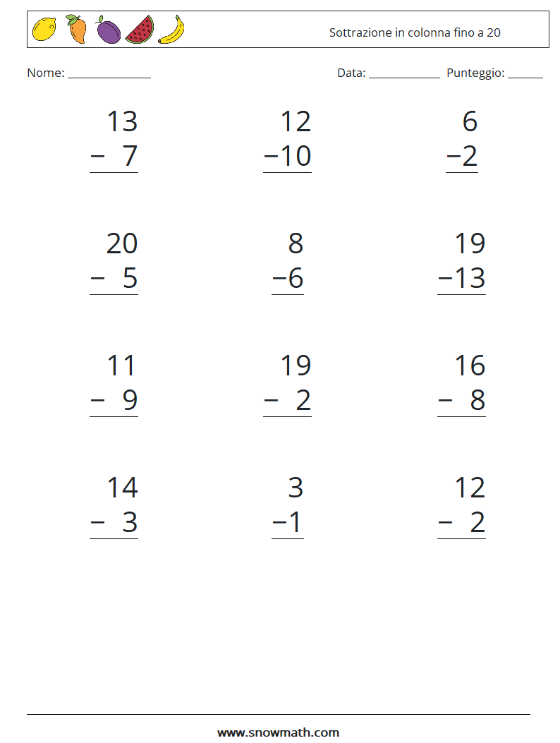 (12) Sottrazione in colonna fino a 20 Fogli di lavoro di matematica 16