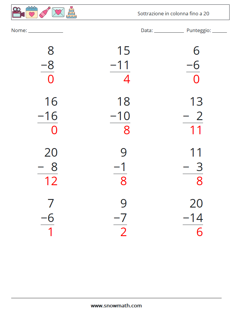 (12) Sottrazione in colonna fino a 20 Fogli di lavoro di matematica 17 Domanda, Risposta