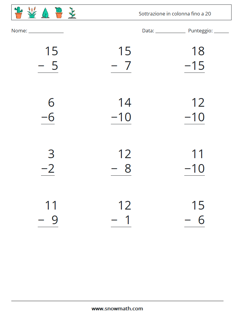 (12) Sottrazione in colonna fino a 20 Fogli di lavoro di matematica 2