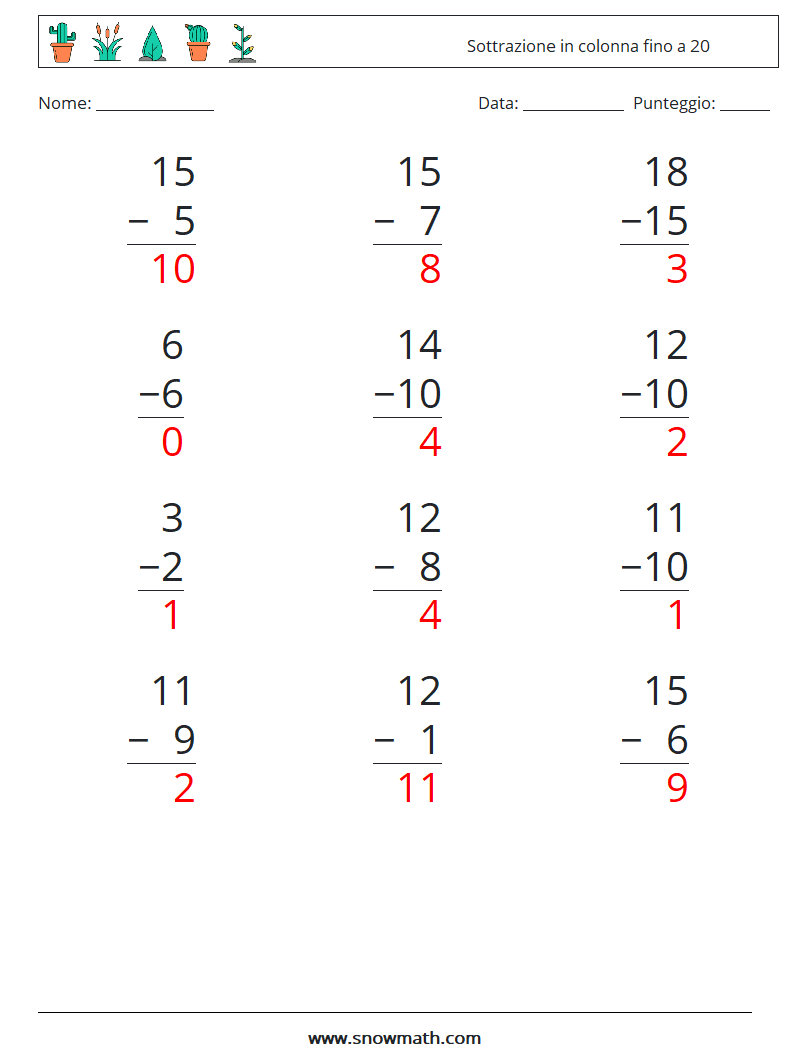 (12) Sottrazione in colonna fino a 20 Fogli di lavoro di matematica 2 Domanda, Risposta