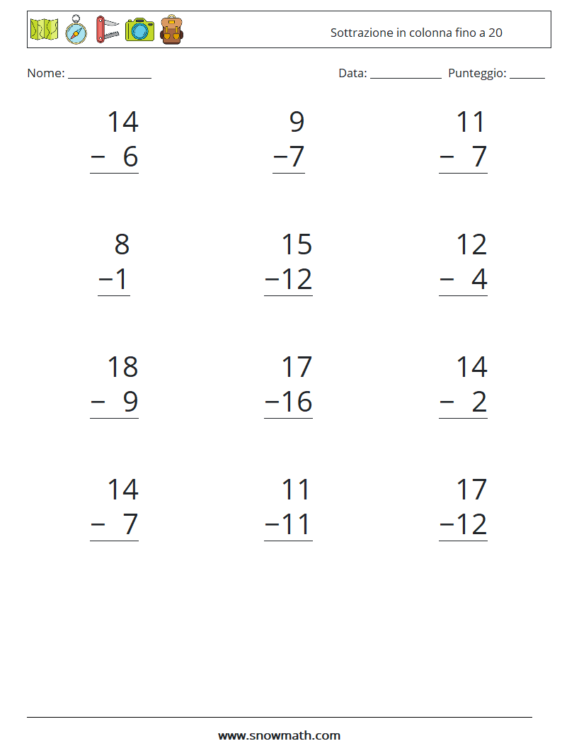 (12) Sottrazione in colonna fino a 20 Fogli di lavoro di matematica 3