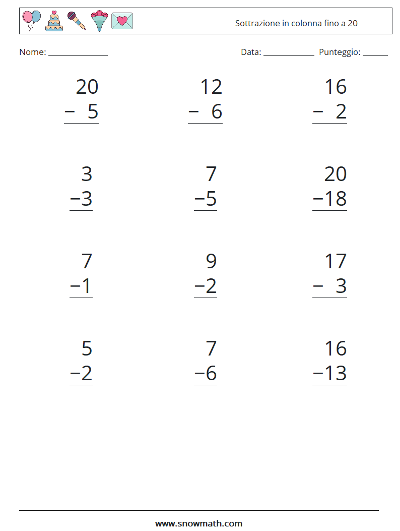 (12) Sottrazione in colonna fino a 20 Fogli di lavoro di matematica 4