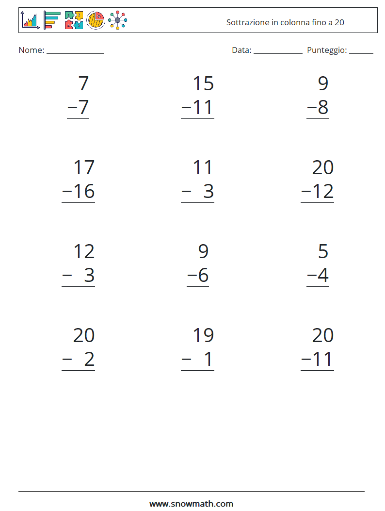 (12) Sottrazione in colonna fino a 20 Fogli di lavoro di matematica 5
