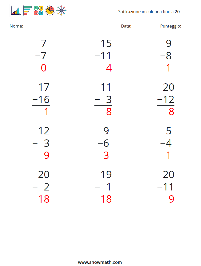(12) Sottrazione in colonna fino a 20 Fogli di lavoro di matematica 5 Domanda, Risposta