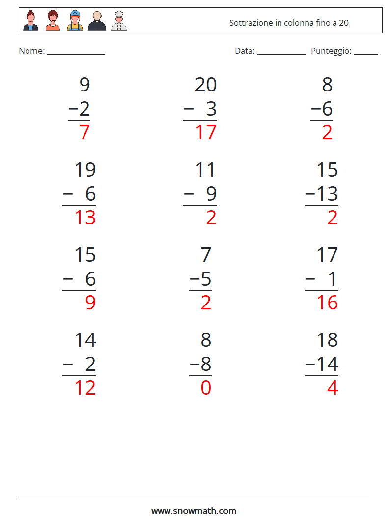 (12) Sottrazione in colonna fino a 20 Fogli di lavoro di matematica 6 Domanda, Risposta