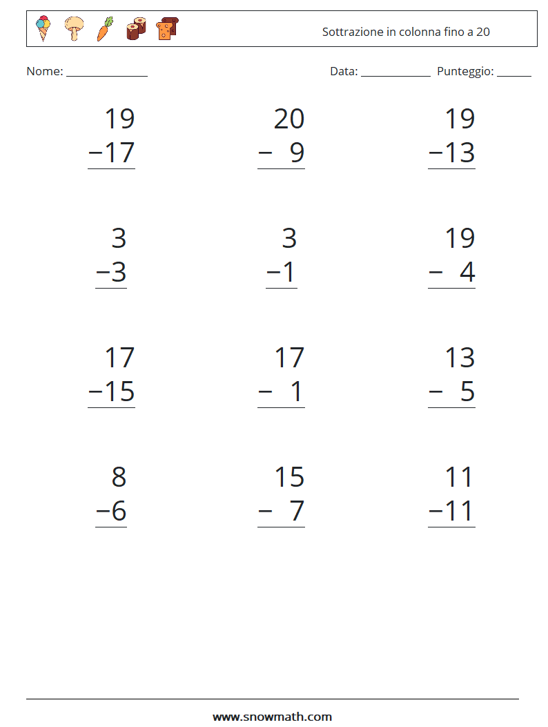 (12) Sottrazione in colonna fino a 20 Fogli di lavoro di matematica 7